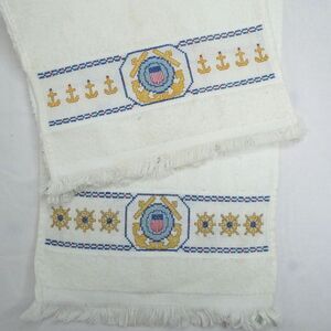 2 Coast Guard Cross Stitch Fingertip Towels Off White Anchors Ship Wheels Emblem